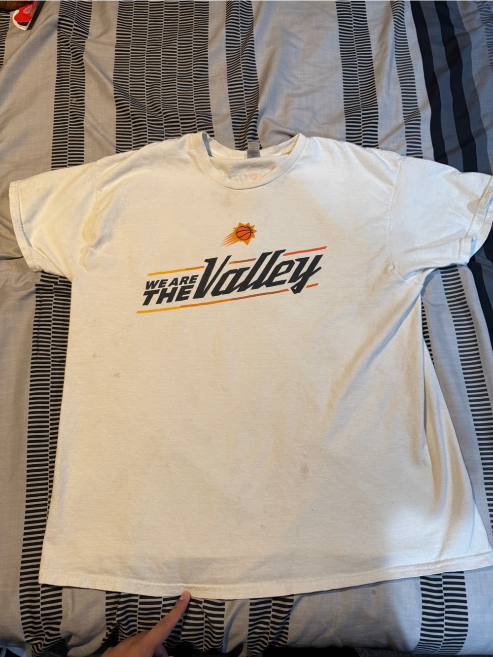 Gildan White Graphic Crewneck Tee with Black Stripes